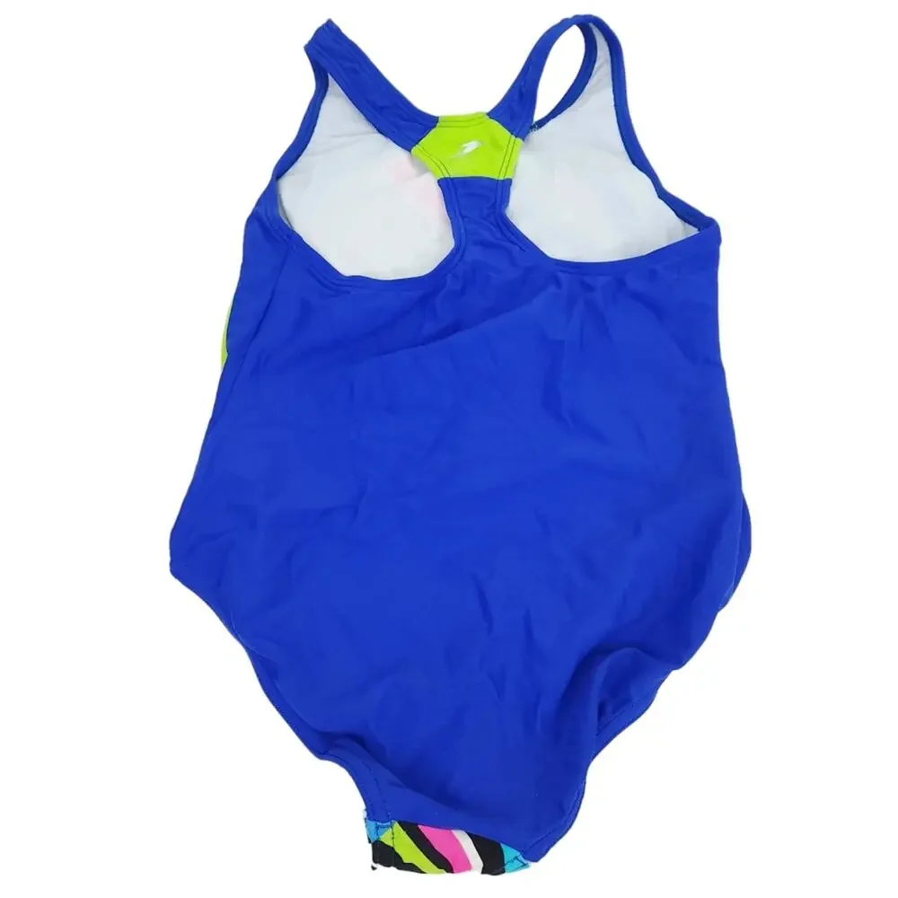 Speedo Girls Bathing Suit Size 12 Blue Neon One Piece Swimsuit Patterned